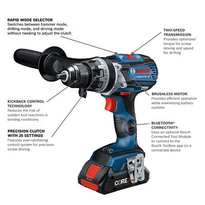 BOSCH GXL18V-227B25, 18V 2-Tool Combo Kit with Connected-Ready Two-In-One 1/4 In. Bit/Socket Impact Driver/Wrench, 1/2 In. Hammer Drill/Driver and (2) CORE18V® 4 Ah Advanced Power Batteries