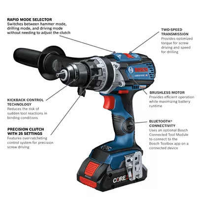 BOSCH GSB18V-975CB25, 18V Brushless Connected-Ready Brute Tough 1/2 In. Hammer Drill/Driver (2) 4.0 Ah CORE Compact Batteries