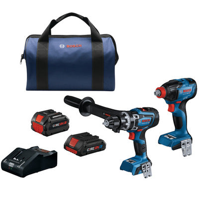 BOSCH GXL18V-260B26, 18V 2-Tool Combo Kit with Connected-Ready 1/2 In. Hammer Drill/Driver, Connected-Ready Two-In-One 1/4 In. and 1/2 In. Bit/Socket Impact Driver/Wrench, (1) CORE18V 8 Ah High Power Battery and (1) CORE18V 4 Ah Advanced Power Battery
