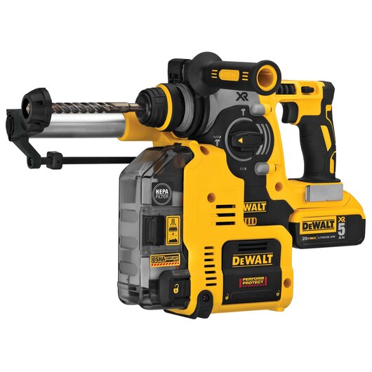 DEWALT DCH273P2DHO, 20V MAX XR 3 Mode SDS Rotary Hammer (5.0Ah) w/ 2 Batteries, Dust Extractor and Kit Box