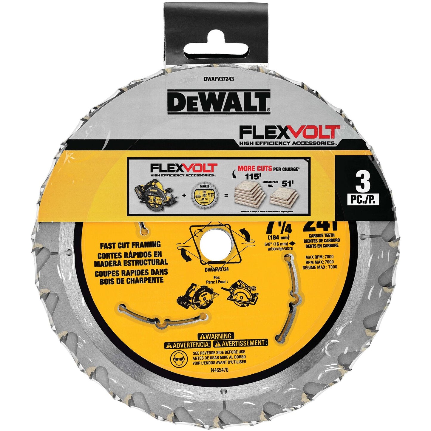 DEWALT DWAFV37243, 7-1/4'' Circular Saw Blade (3/pkg)