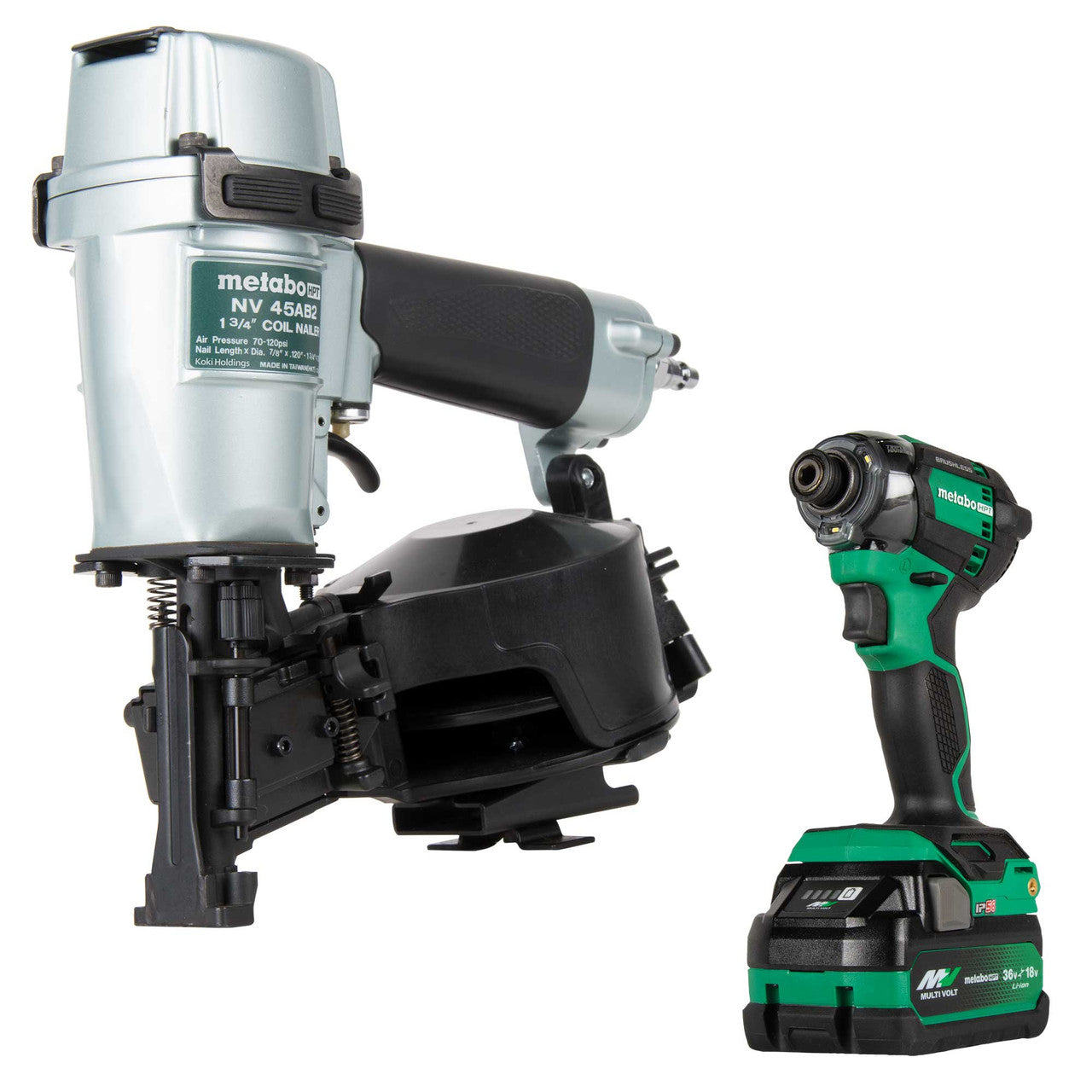 Metabo HPT KNV45AB2M, Pro Bundle 1-3/4in Coil Roofing Nailer with BONUS Impact Driver 5.0Ah Kit
