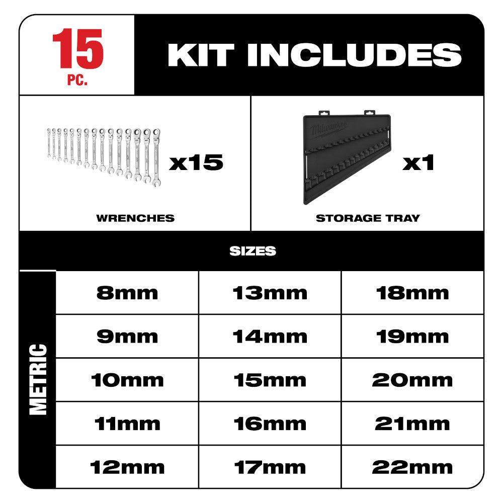 Milwaukee 48-22-9513, Flex Head Ratcheting Combination Metric Wrench Set 15-Piece