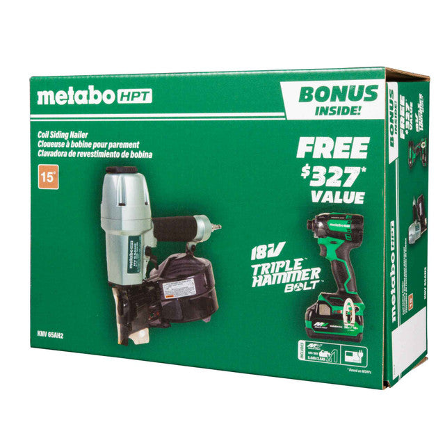 Metabo HPT KNV65AH2, Pro Bundle 2-1/2 Inch Coil Siding Nailer with BONUS Impact Driver Kit