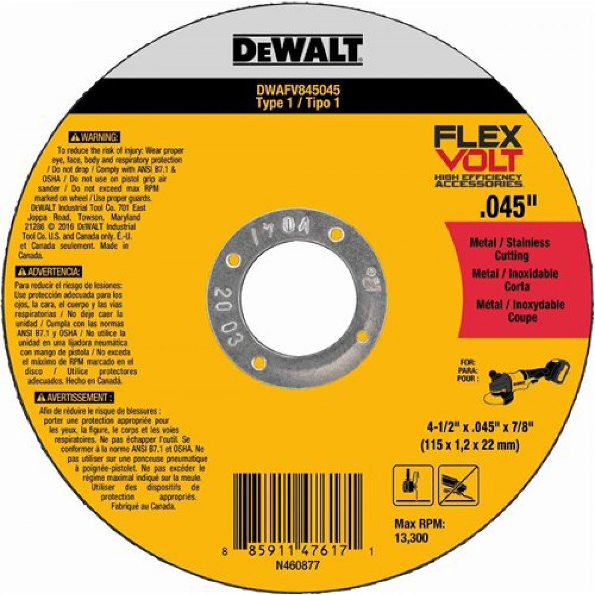 DEWALT DWAFV845045B5, 4-1/2'' x .045'' x 7/8'' T1 Flexvolt Cutting Wheel (5/pkg)