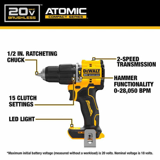 DEWALT DCD799B, ATOMIC COMPACT SERIES 20V MAX Brushless 1/2" Hammer Drill (Tool Only)