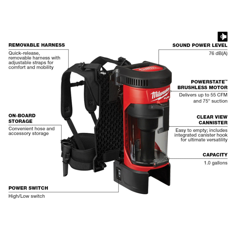 Milwaukee 0885-20, 3-in-1 Backpack Vacuum (Tool Only)