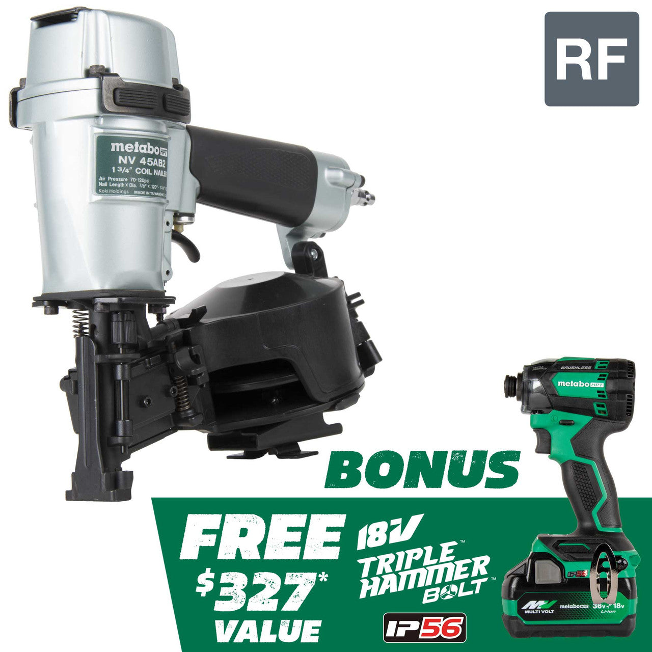 Metabo HPT KNV45AB2M, Pro Bundle 1-3/4in Coil Roofing Nailer with BONUS Impact Driver 5.0Ah Kit