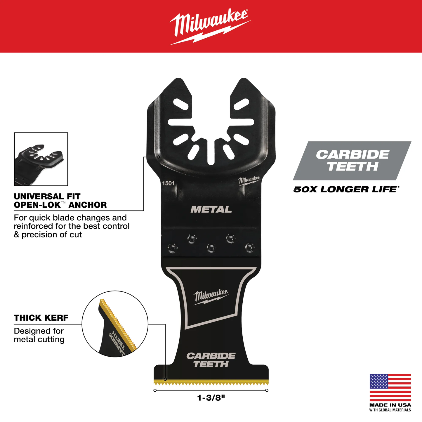 Milwaukee 49-25-1505, 1-3/8″ Open-Lok Titanium Enhanced Carbide Teeth Extreme Metal Blade 5 pack