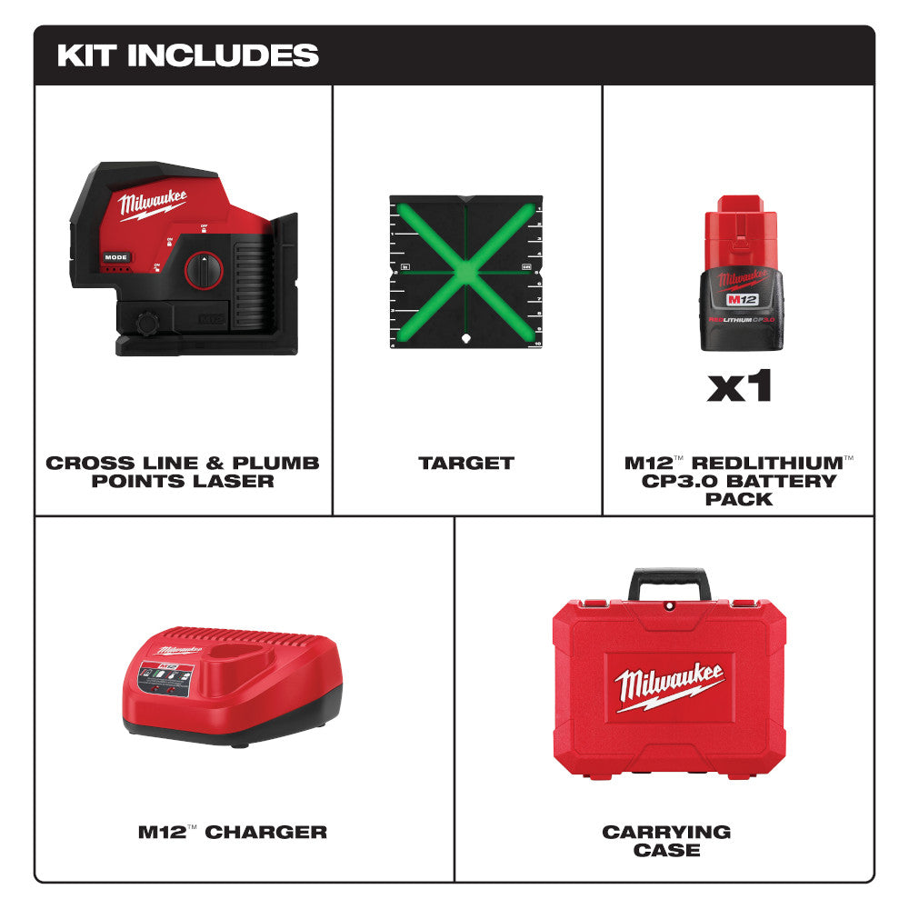 Milwaukee 3622-21, M12 Green Cross Line & Plumb Points Laser Kit