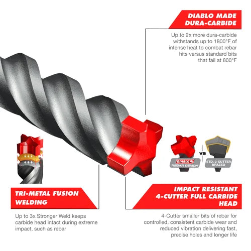 Diablo DMAPL4200, Rebar Demon™ SDS-Plus 4-Cutter Full Carbide Head Hammer Drill Bit 1/2" x 16" x 18"