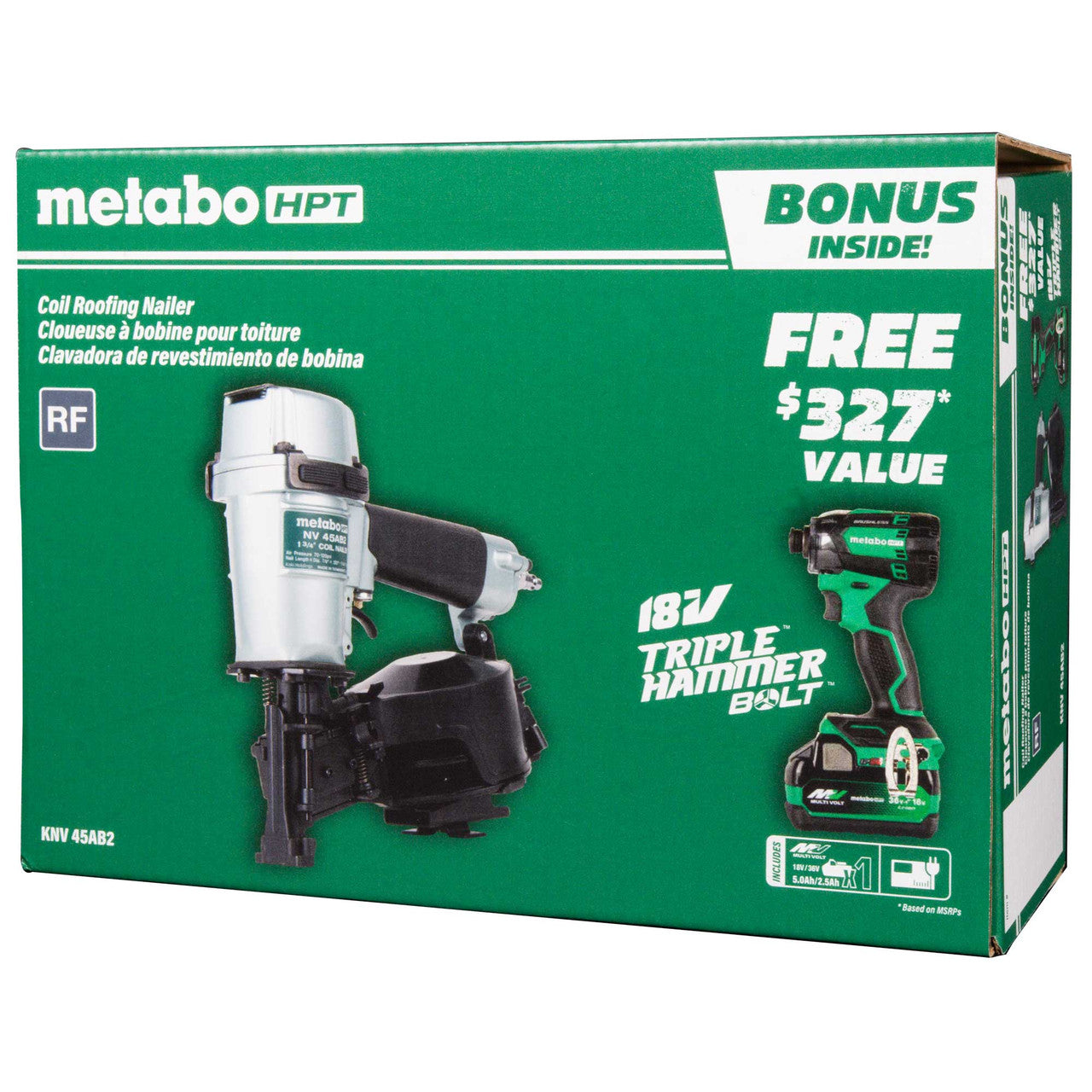 Metabo HPT KNV45AB2M, Pro Bundle 1-3/4in Coil Roofing Nailer with BONUS Impact Driver 5.0Ah Kit