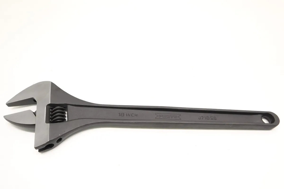 Proto J718SB, Adjustable Wrench: Alloy Steel, Black Oxide, 18 7/32 in Overall Lg, 2 15/32 in Jaw Capacity