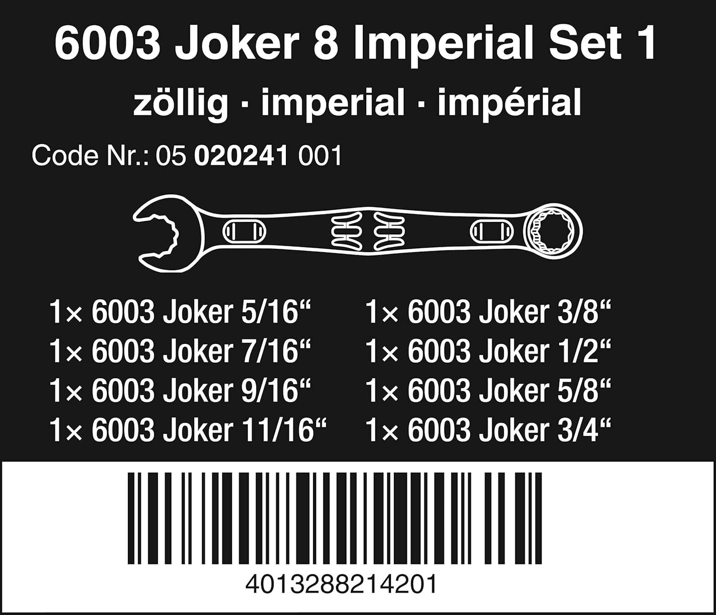 Wera 05020241001, 6003 JOKER 8 IMPERIAL SET 1 COMBINATION WRENCH SET, IMPERIAL, 8 PIECES