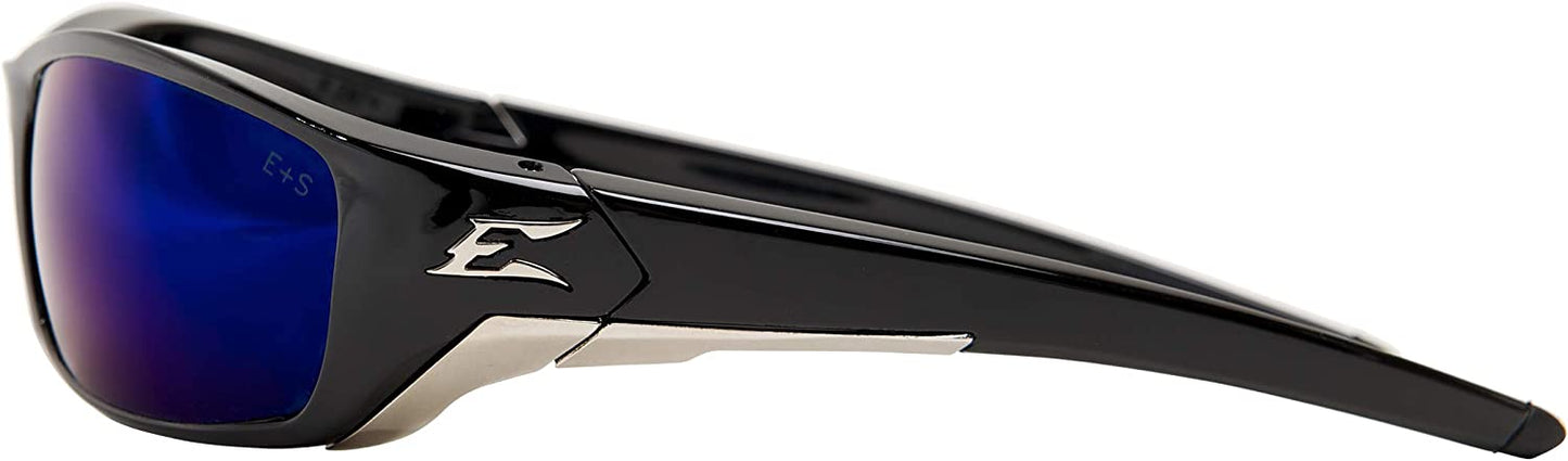 Edge Eyewear SR118, Reclus Wrap-Around Safety Glasses, Anti-Scratch, Non-Slip, UV 400, Military Grade, ANSI/ISEA & MCEPS Compliant, 5.04" Wide, Black Frame/Blue Mirror Lens, One Size