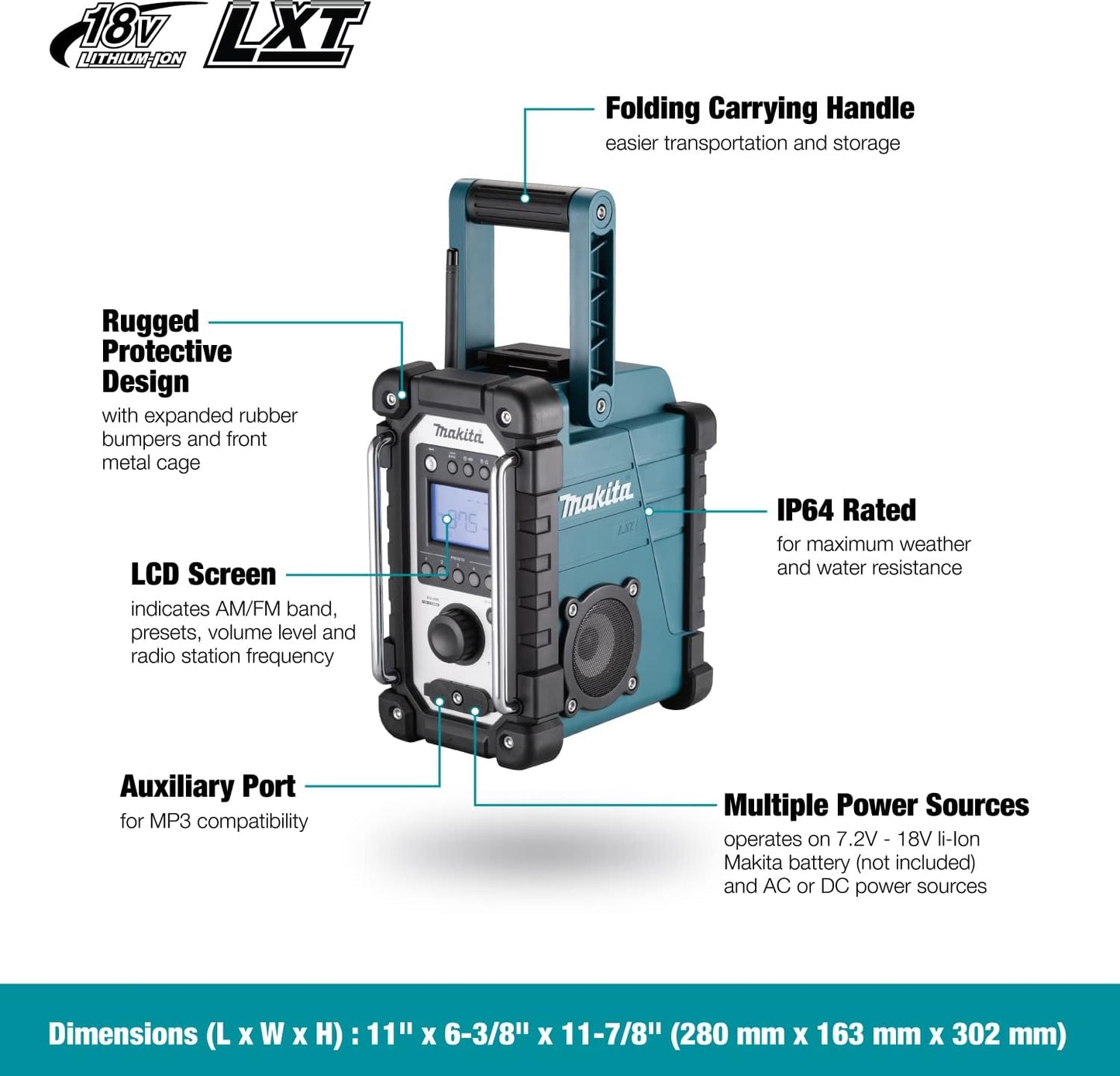 Makita DMR116, 18V LXT Cordless or Electric Jobsite Radio (Tool Only)