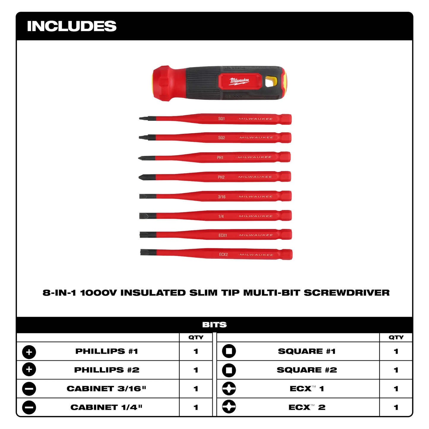 Milwaukee 48-22-2218, 8-in-1 1000V Insulated Slim Tip Multi-Bit Screwdriver
