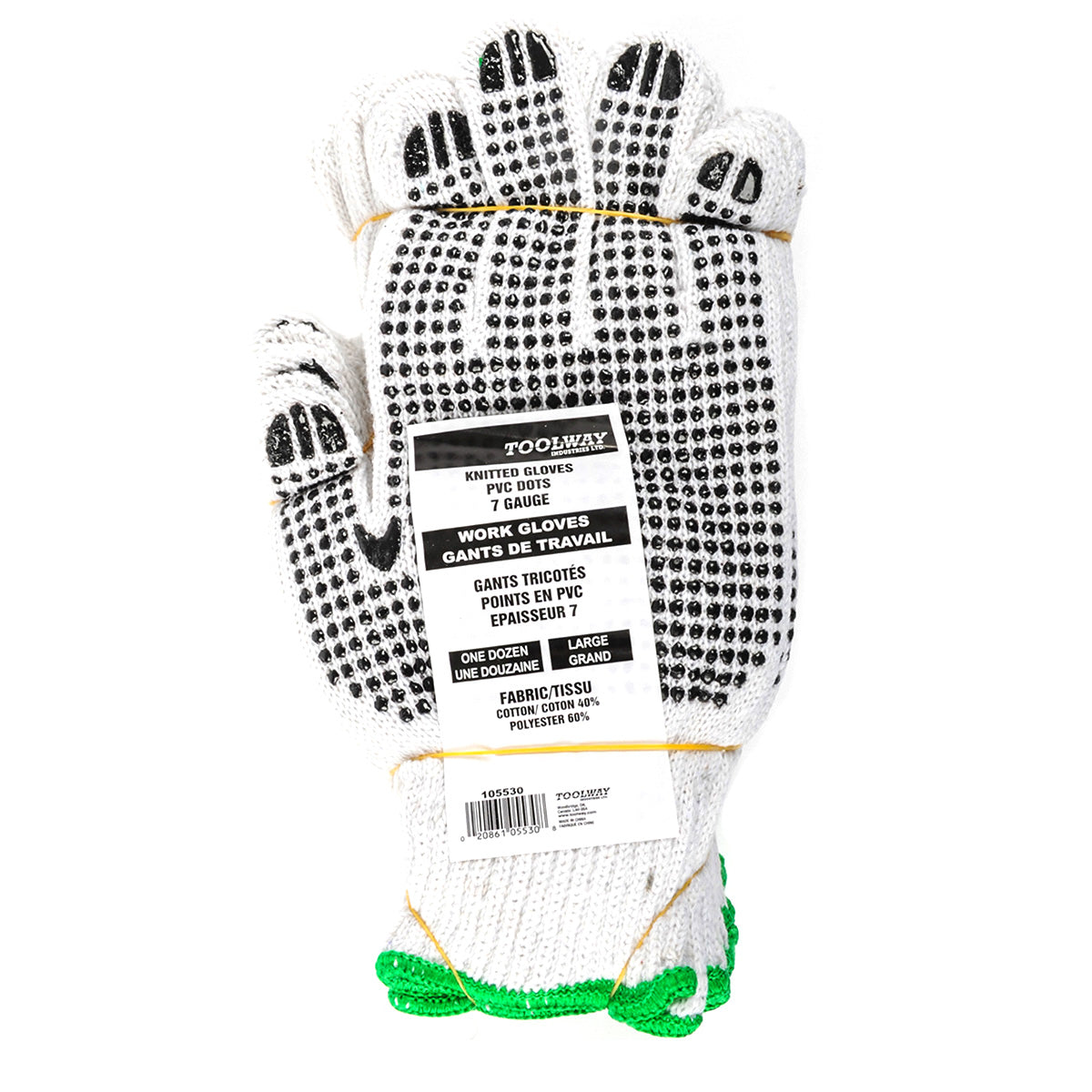 Toolway 105530, Knitted Poly/Cotton Gloves w/Black PVC Dots (L, sold/dz)