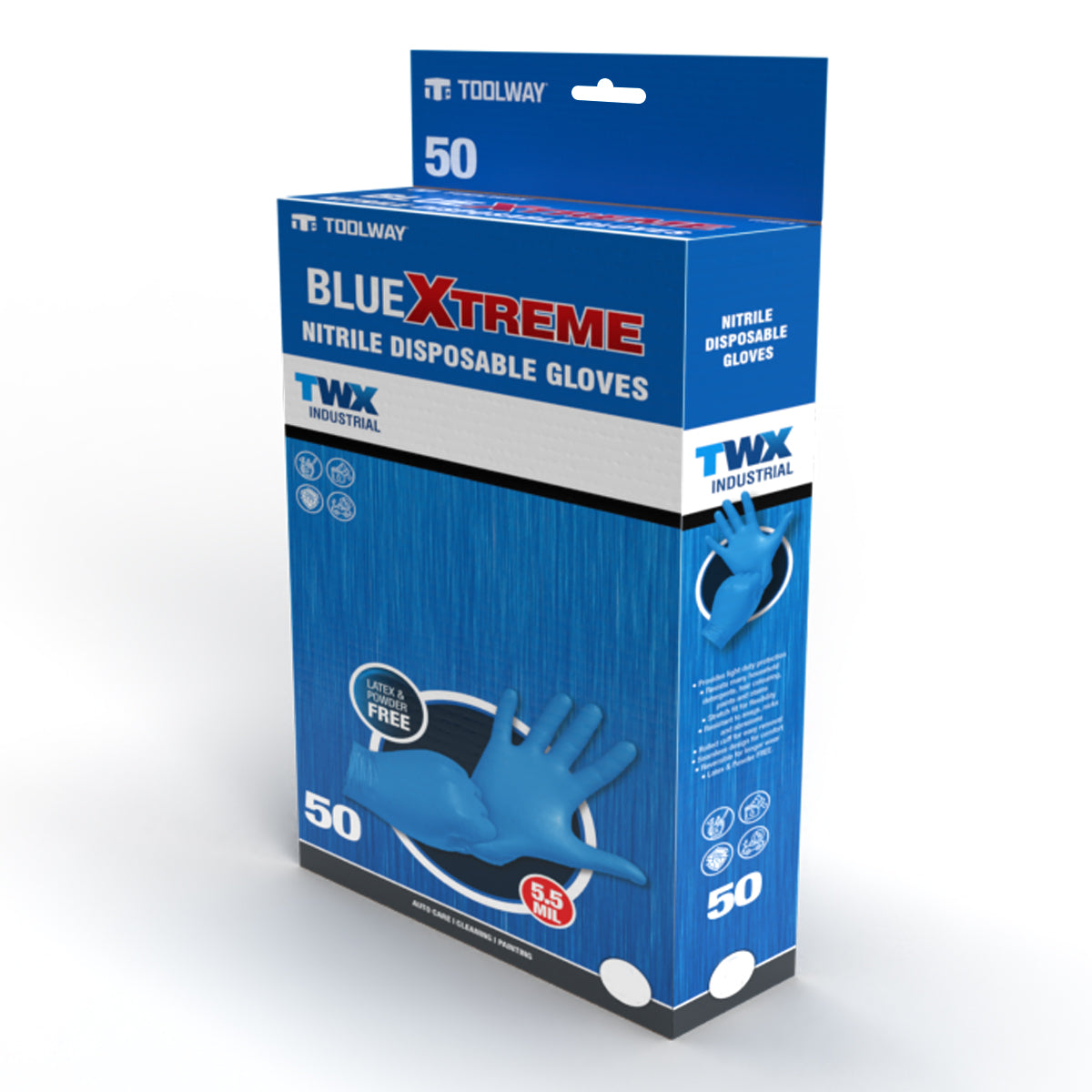 Toolway 105652, 50PK LATEX FREE DISPOSABLE NITRILE GLOVES 5.5 MIL BLUE (M)