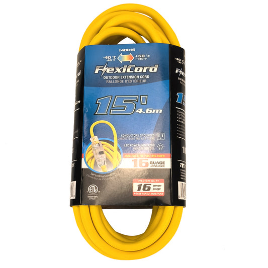 Toolway 140016, Extension Cord Outdoor SJTW 16/3 Lighted Single Tap Yellow 5m/16.4'