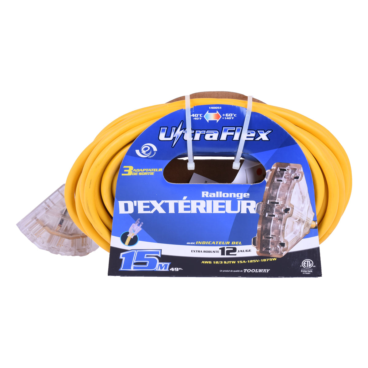 Toolway 140051, Extension Cord Outdoor SJTW 12/3 Lighted 3-Tap Yellow 50ft