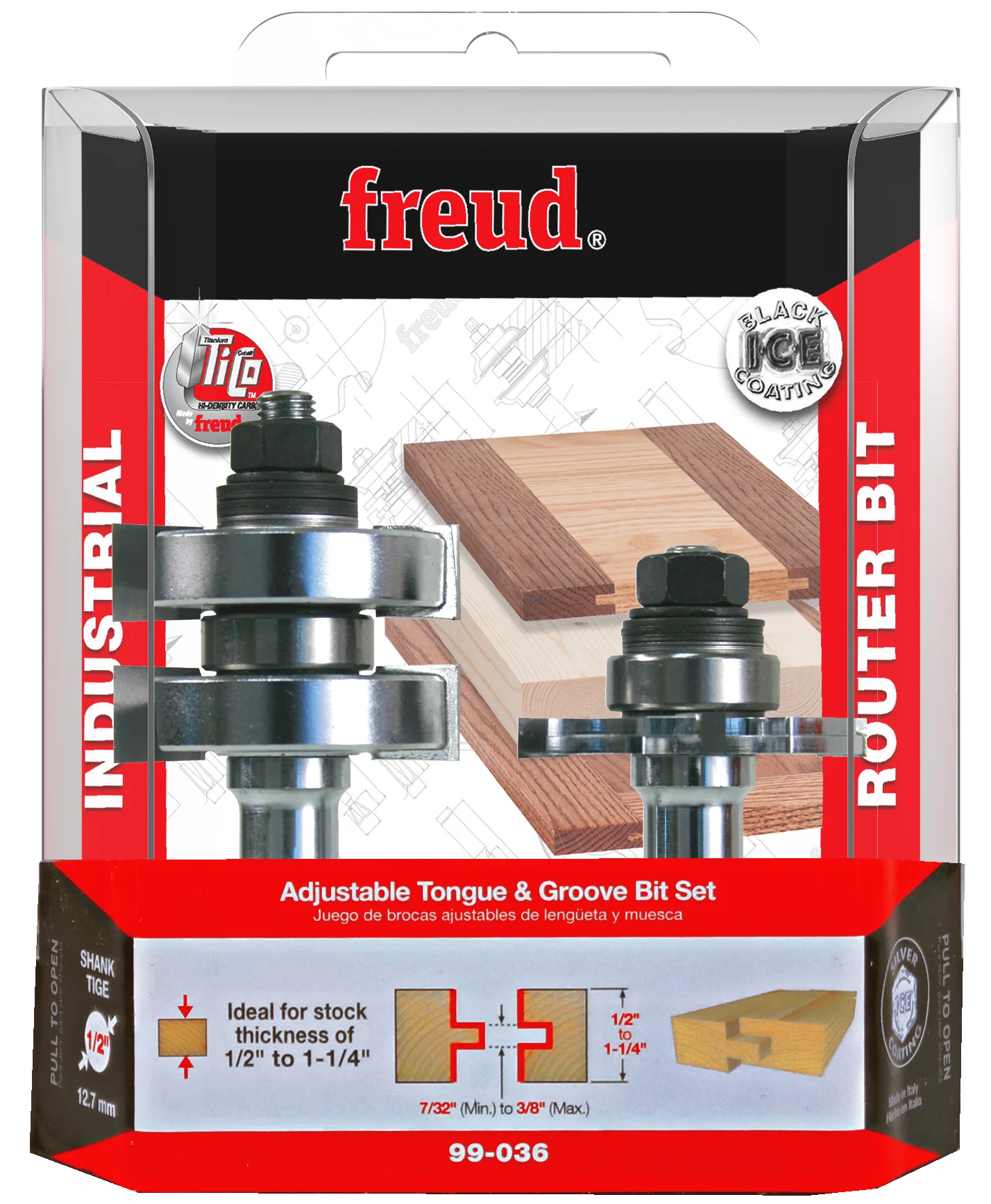 Freud 99-036, Carbide Router Bit - 1-3/4" Adjustable Tongue & Groove Bit Set (1/2" Shank)