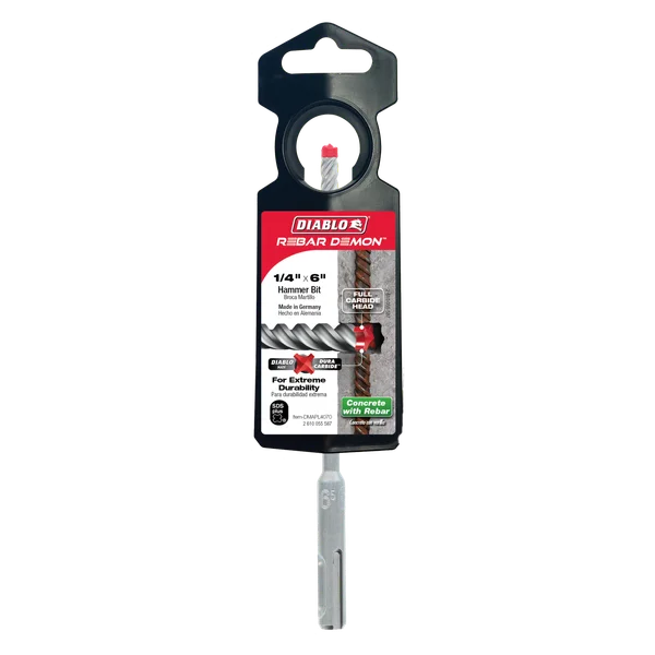 Diablo DMAPL4070, Rebar Demon™ SDS-Plus 4-Cutter Full Carbide Head Hammer Drill Bit 1/4" x 4" x 6"