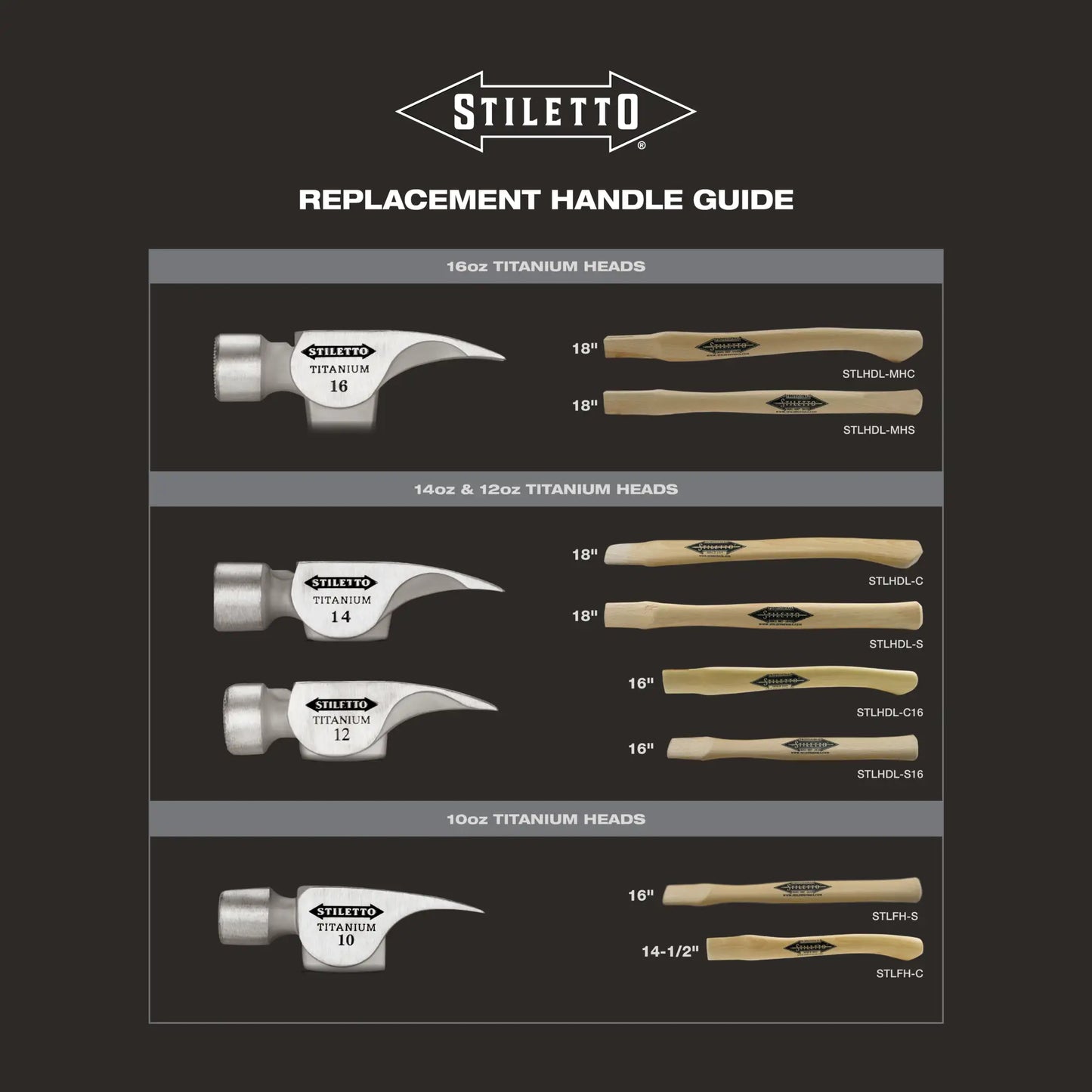 Stiletto STLHDL-C16, 16” Curve Hickory Replacement Handle for 12/14oz