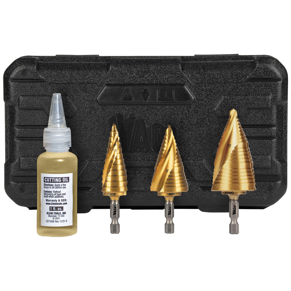 Klein Tools 25951, Step Bit Kit, Spiral Double-Fluted, VACO, 3-Piece