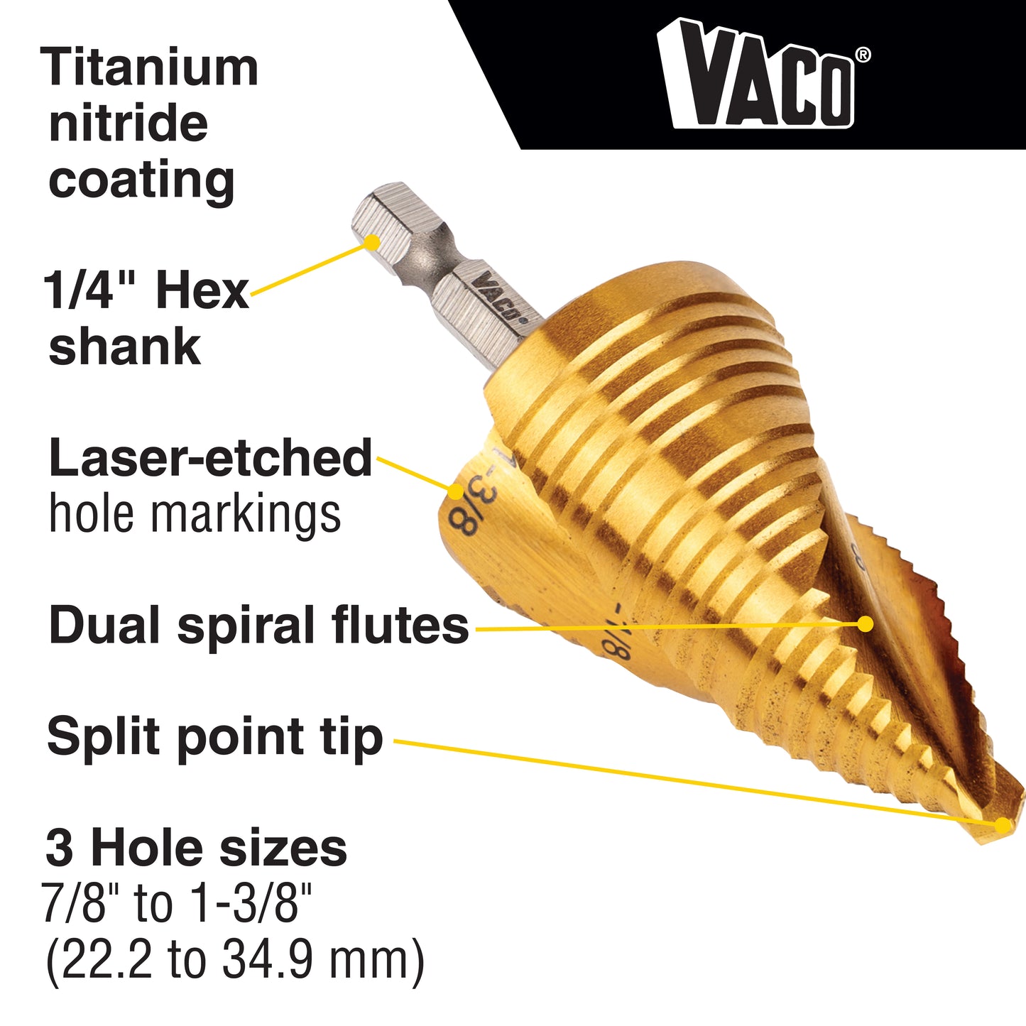 Klein Tools 25951, Step Bit Kit, Spiral Double-Fluted, VACO, 3-Piece