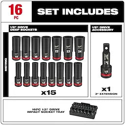 Milwaukee 49-66-6818, SHOCKWAVE Impact Duty™ Socket 1/2” Dr 16PC MM TRAY Set