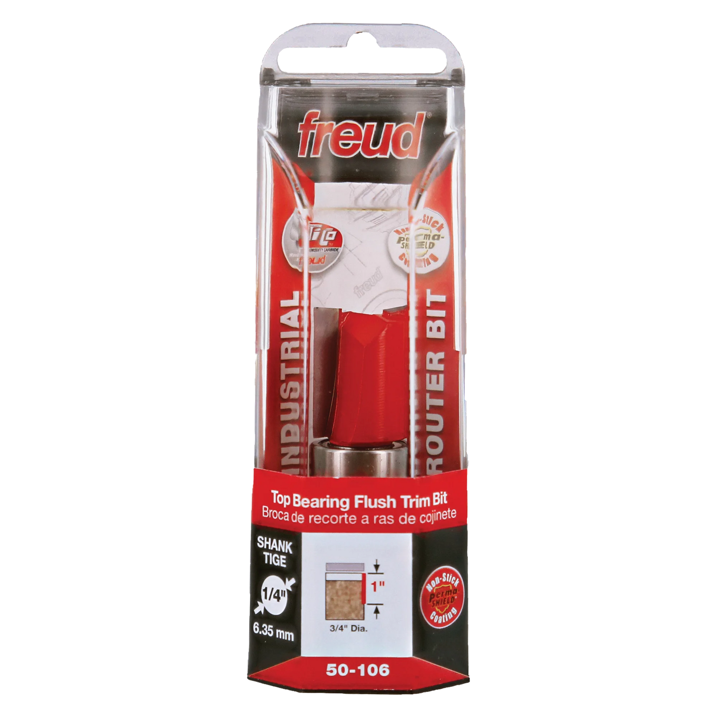 Freud 50-106, Carbide Router Bit - 3/4" x 1" x 2-5/8" OAL Top Bearing Flush Trim Bit (1/4" Shank)