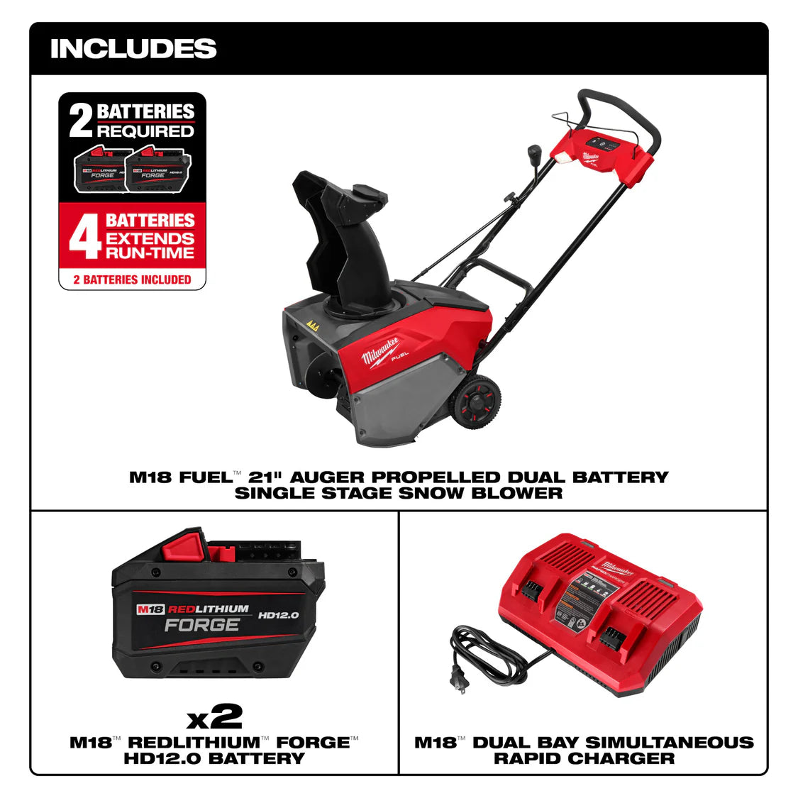 Milwaukee 3036-22HD, M18 FUEL™ 21" Auger Propelled Dual Battery Single Stage Snow Blower Kit