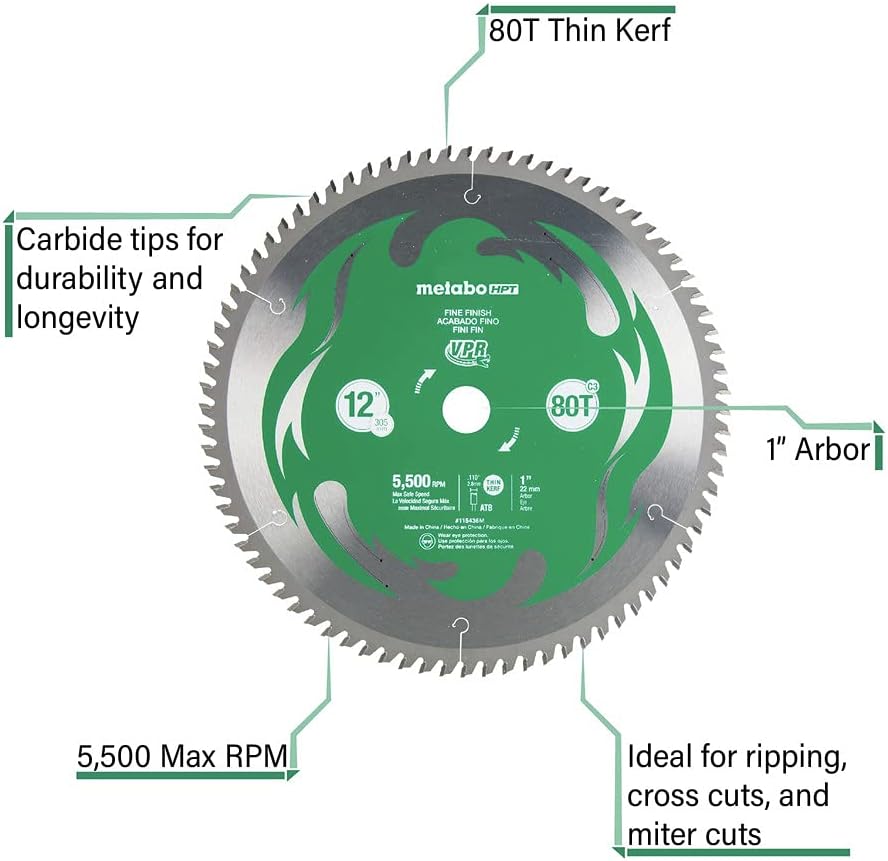 Metabl HPT 115436M, 12-Inch Miter Saw Blade, 80T, Fine Finish, 1-Inch Arbor, Thin Kerf, 5500 Max RPM
