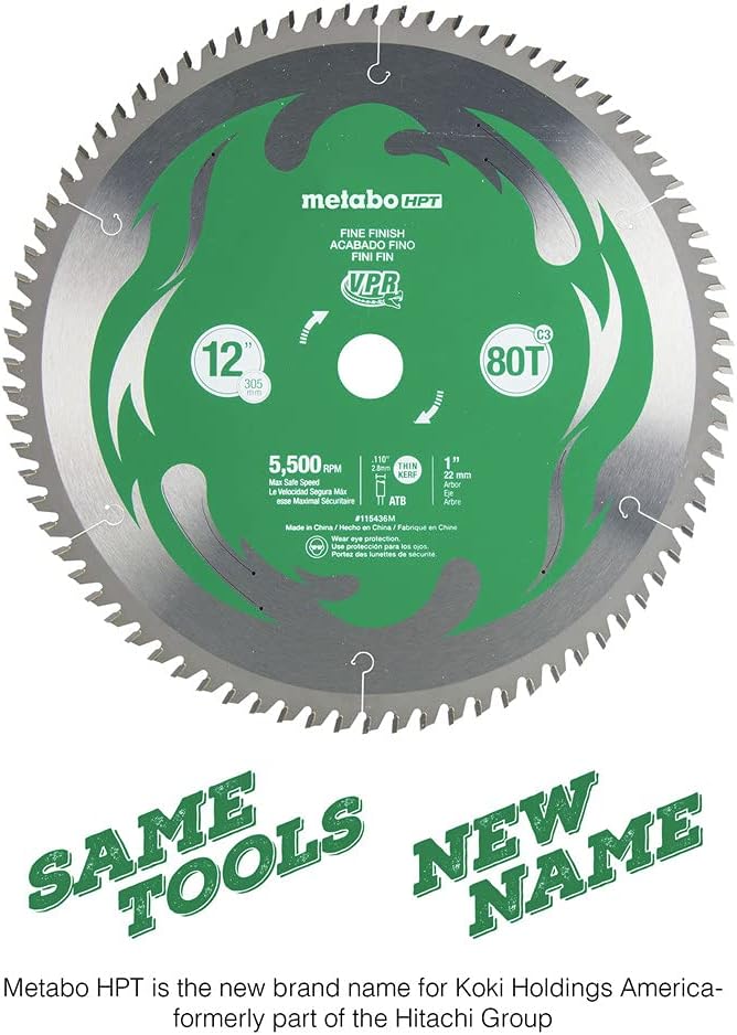 Metabl HPT 115436M, 12-Inch Miter Saw Blade, 80T, Fine Finish, 1-Inch Arbor, Thin Kerf, 5500 Max RPM