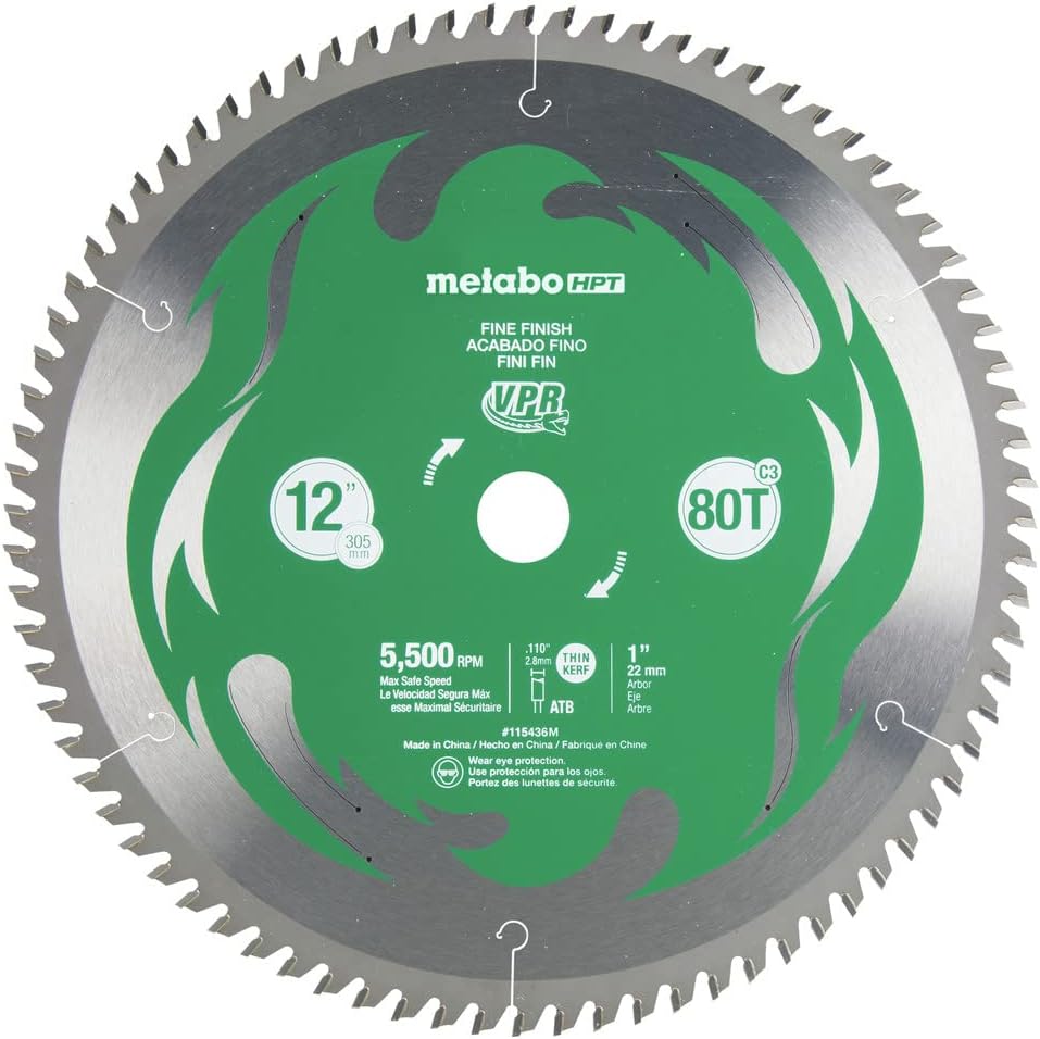 Metabl HPT 115436M, 12-Inch Miter Saw Blade, 80T, Fine Finish, 1-Inch Arbor, Thin Kerf, 5500 Max RPM