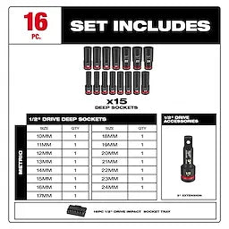Milwaukee 49-66-6818, SHOCKWAVE Impact Duty™ Socket 1/2” Dr 16PC MM TRAY Set
