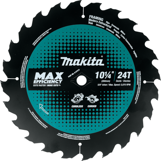 Makita E-07272,  10‑1/4" 24T Carbide‑Tipped Max Efficiency Circular Saw Blade, Framing