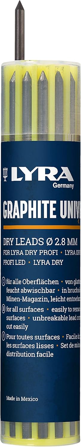 LYRA L4499102, LYRA Dry Refill Set Filled with 12 Universal Graphite Lead in 2B, 2.8 mm, for All Surfaces, Wipe-Clean