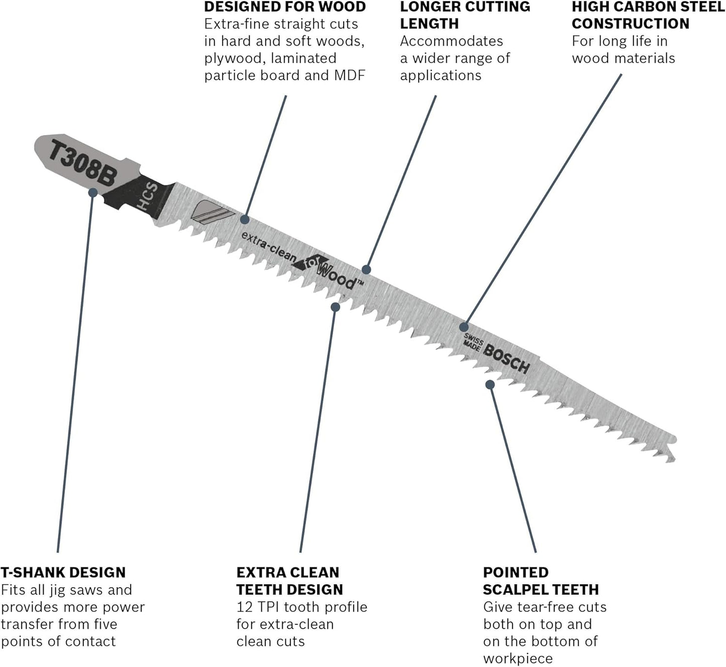 BOSCH T308B, 4-1/2" EC HCS T-SHANK JIGSAW BLADE (5PK)