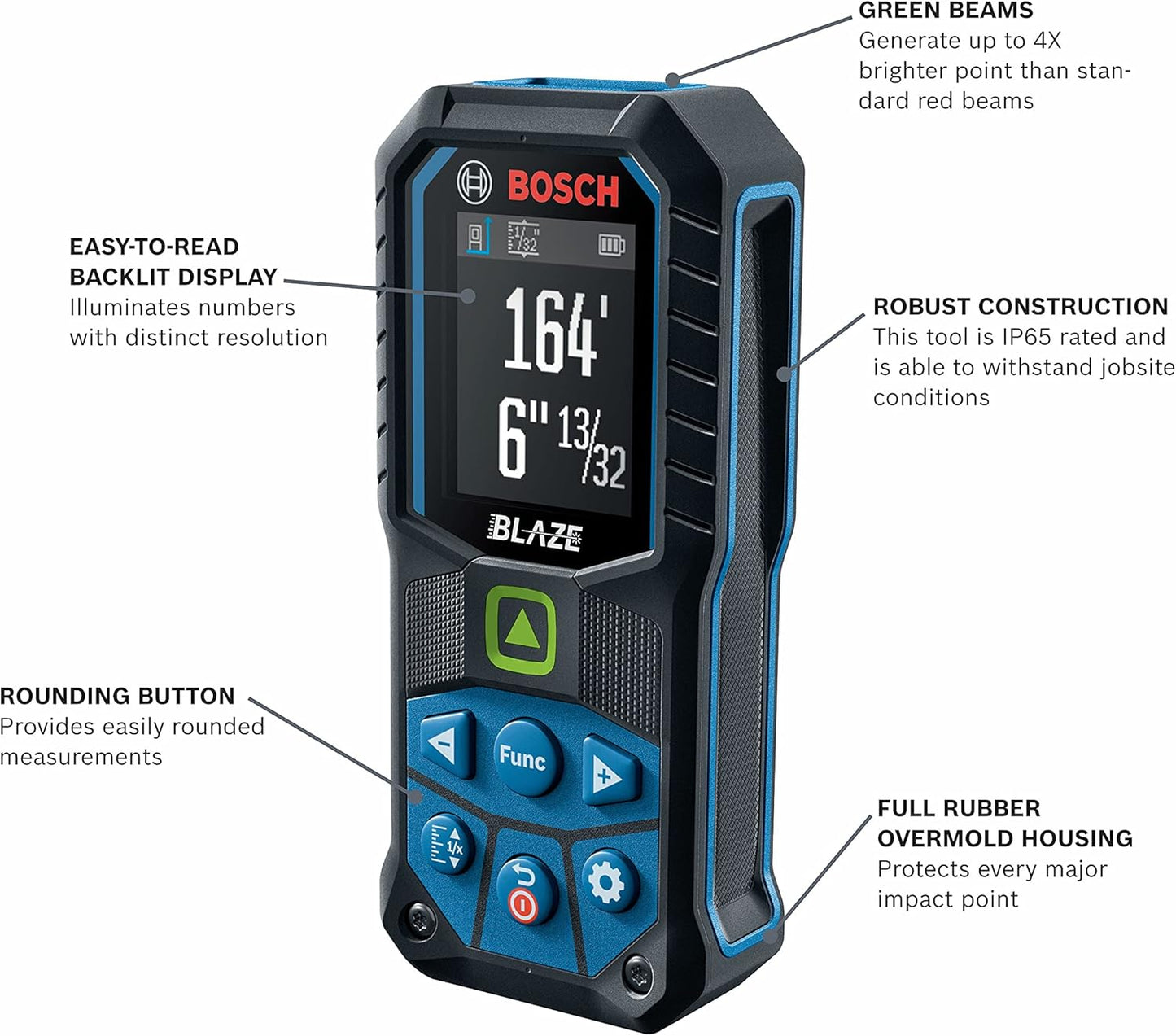 BOSCH GLM165-25G,  BLAZE 165 ft. Green Laser Distance Tape Measuring Tool with Color Screen and Measurement Rounding Functionality