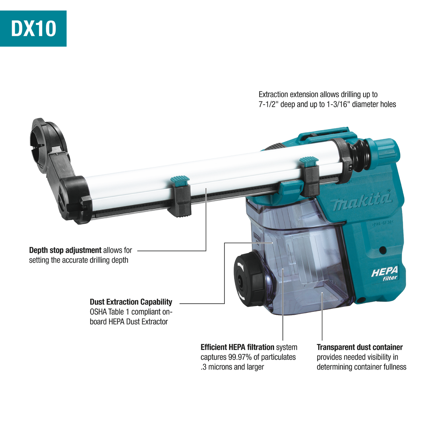 Makita DX10, Dust Extractor Attachment with HEPA Filter Cleaning Mechanism