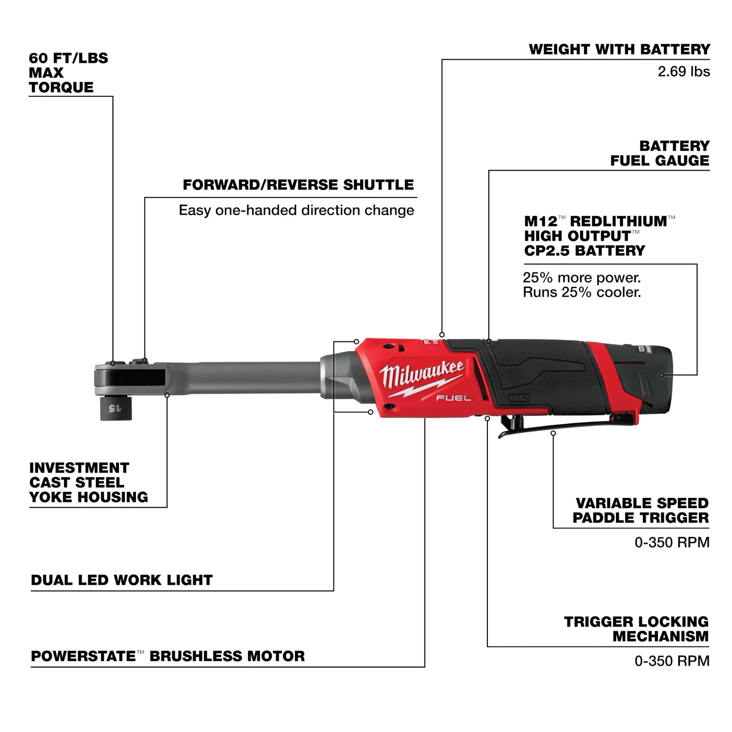 Milwaukee 3050-21, M12 FUEL™ INSIDER™ Extended Reach Box Ratchet