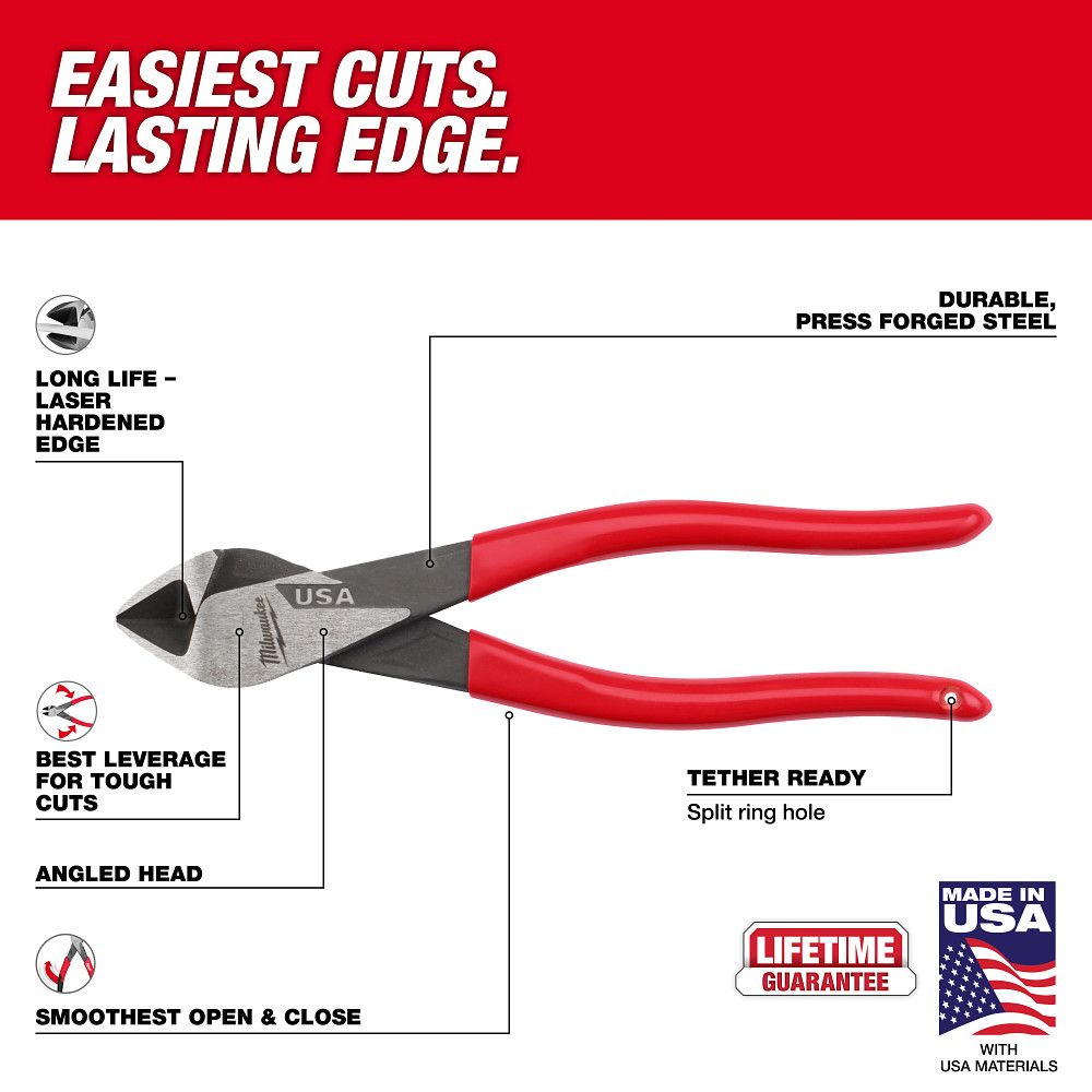 Milwaukee MT508A, 8" Angled Head Diagonal Dipped Grip Cutting Pliers (USA)