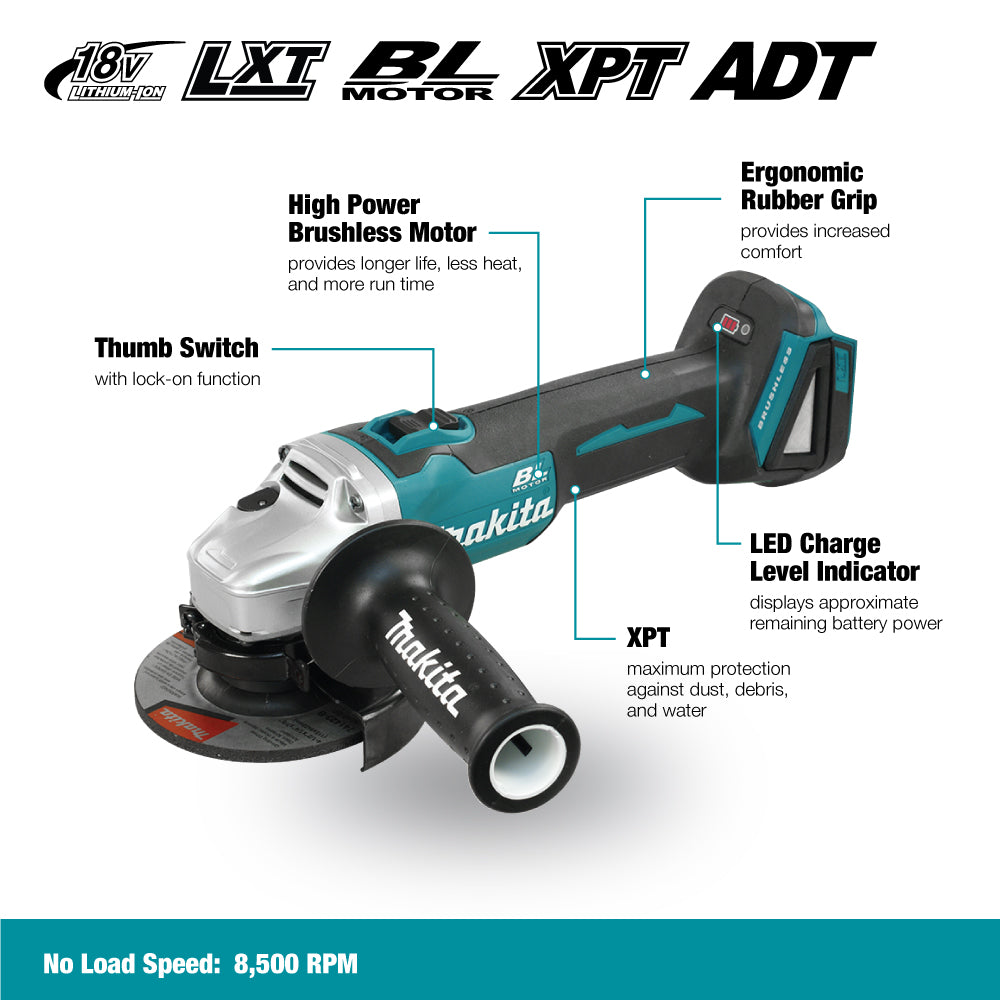 Makita DGA454Z, 18V LXT Brushless 4-1/2" Grinder, Slide Switch (Tool Only)