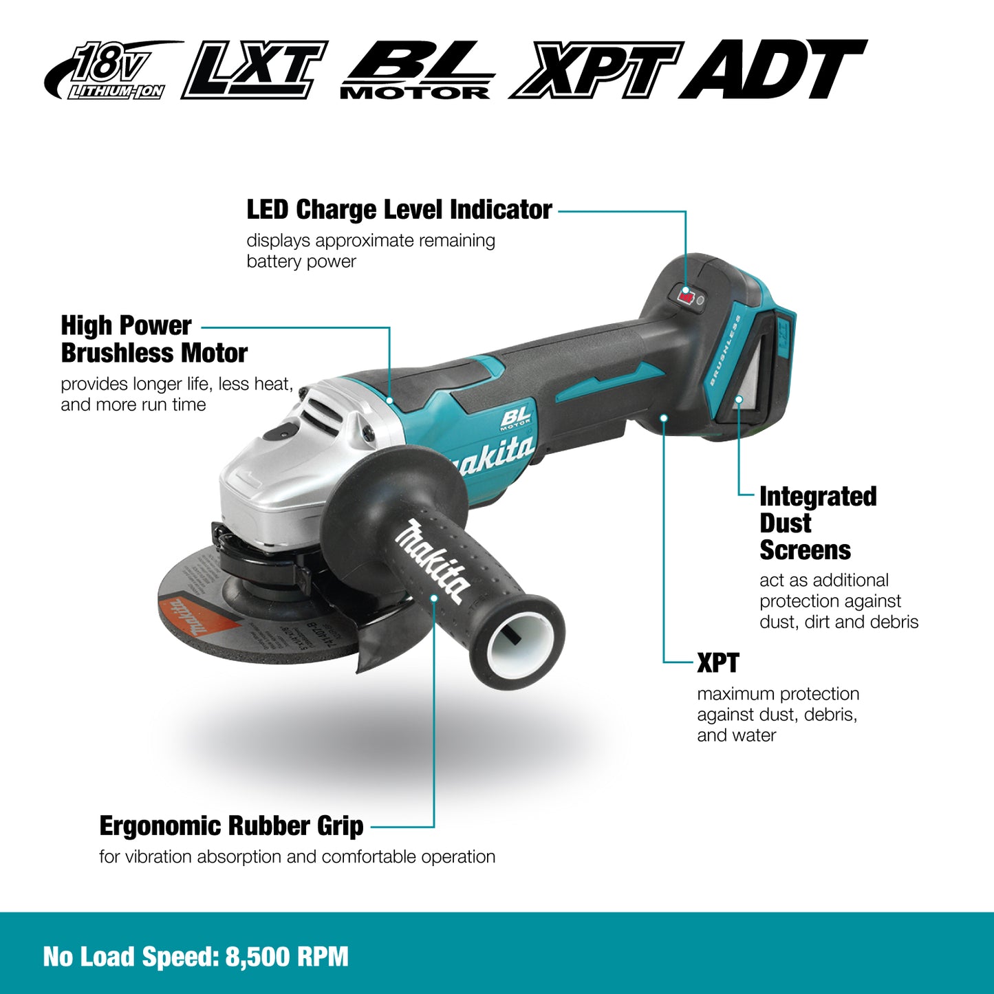 Makita DGA505Z, 18V LXT Brushless 5" Grinder, Paddle Switch (Tool Only)