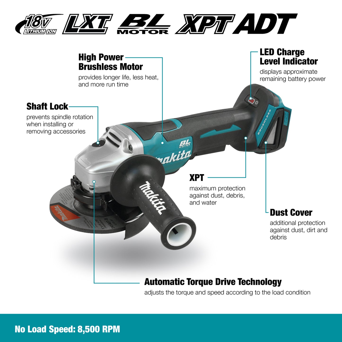 Makita DGA508Z, 18V LXT Brushless 5" Angle Grinder (Tool Only)