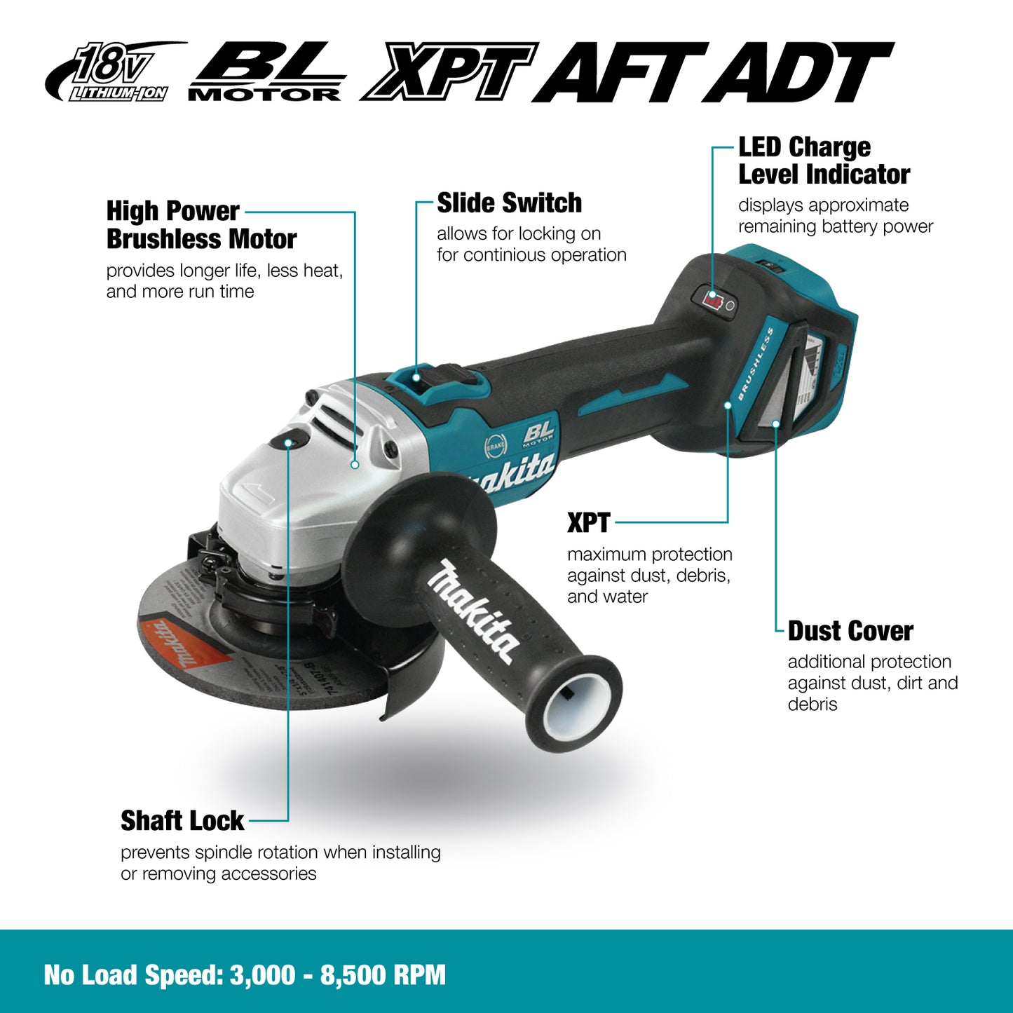 Makita DGA513RTX1, 18V LXT Brushless Cordless 5" Angle Grinder w/Slide Switch (5.0 Ah Kit)