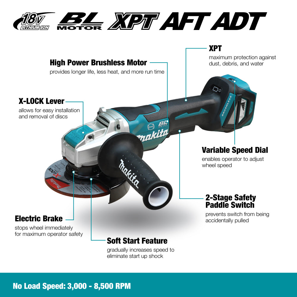 Makita DGA519Z, 18V LXT 5" Cordless Angle Grinder with X-Lock and Brushless Motor