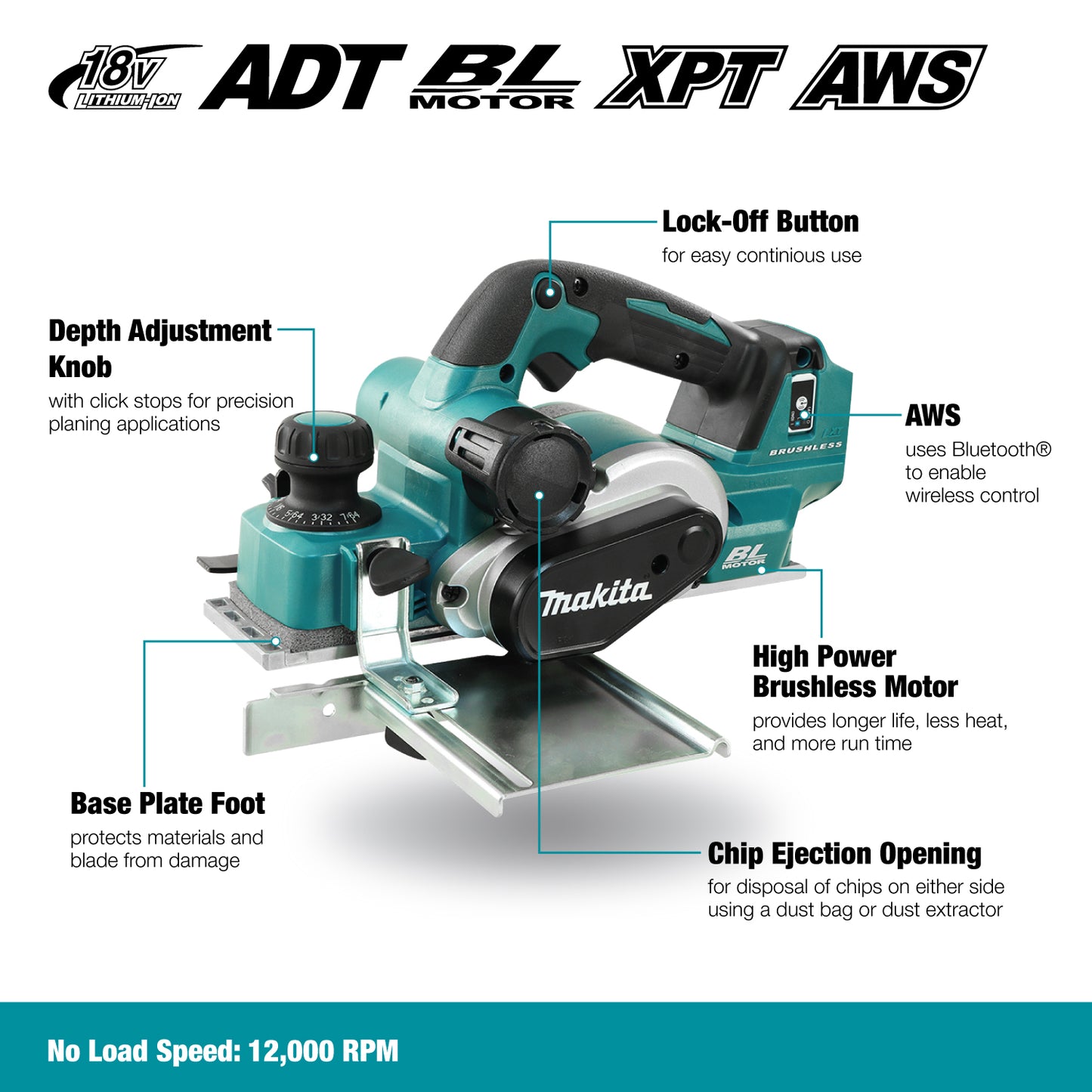 Makita DKP181Z, 3-1/4" Cordless Planer with Brushless Motor (Tool Only)